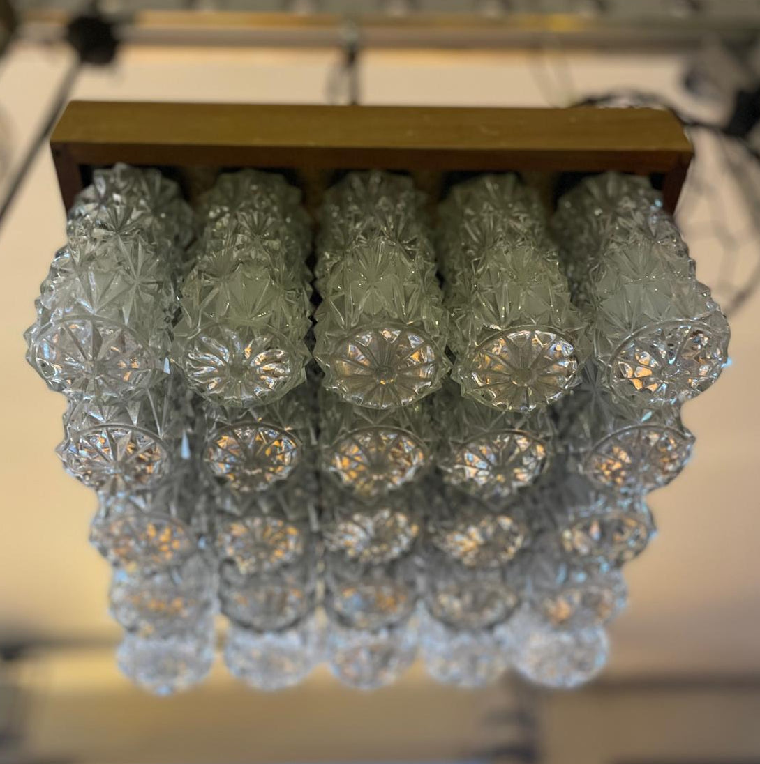 LAMPADARIO VINTAGE CON BASE IN LEGNO E CILINDRI DI VETRO STRUTTURATO - ART.23