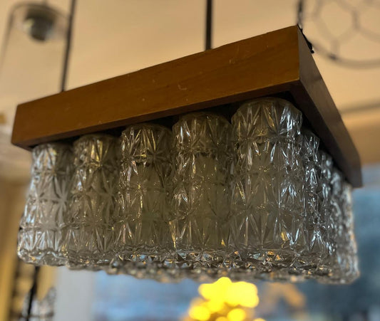 LAMPADARIO VINTAGE CON BASE IN LEGNO E CILINDRI DI VETRO STRUTTURATO - ART.23